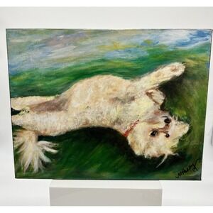 Original White Dog Painting Acrylic Maltese Terrier Havanese Art Signed Canvas